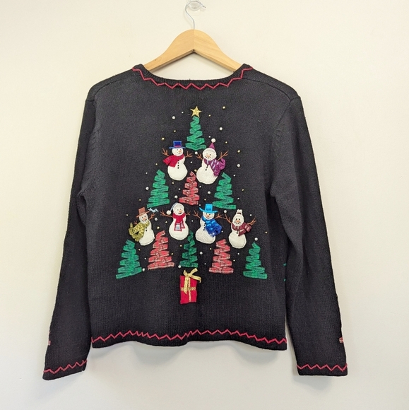 Vintage 90s Ugly Christmas Snowman Tree Ribbon Holiday Sweater - Picture 2 of 13